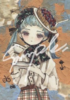 Rule 34 | 1girl, acrylic paint (medium), berry, blouse, blue hair, blunt bangs, blush, bow, brown eyes, buttons, closed mouth, colorful background, cup, expressionless, food, hair bow, hair ribbon, hairband, highres, holding, holding cup, karintoun, long sleeves, looking at viewer, medium hair, original, painting (medium), plaid clothes, plaid skirt, red bow, ribbon, sample watermark, shirt, signature, simple background, skirt, teacup, traditional media, twintails, upper body, watercolor (medium), watermark