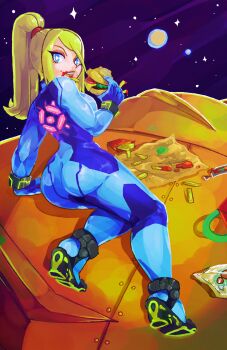 1girl 2019 arm_support ass back_tattoo black_footwear blue_bodysuit blue_eyes bodysuit breasts burger butt_crack clenched_hand commentary eating english_commentary eyeshadow female_focus food food_in_mouth food_on_face french_fries full_body glowing glowing_tattoo gunship hairdressing high_heels highres ketchup large_breasts long_eyelashes looking_at_viewer looking_back lying makeup metroid metroid_(creature) nintendo on_side pink_eyeshadow planet ponytail red_lips samus_aran sideboob sky solo space spaceship spudenski star_(sky) starry_sky super_smash_bros. tattoo teeth thick_thighs thighs tsurime upper_teeth_only wide_hips wrist_cuffs zero_suit