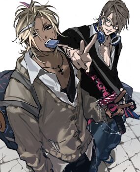 2boys blonde_hair brown_eyes brown_hair dark-skinned_male dark_skin earrings food genderswap genderswap_(ftm) glasses grin gyaruo hair_ornament hairclip headphones headphones_around_neck highres jewelry katana ma0ma0_0 male_focus medium_hair mole mole_under_eye mouth_hold multiple_boys necklace nogi_momoka original popsicle saotome_anna school_uniform smile star_(symbol) star_earrings sword v weapon