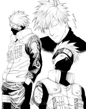 Rule 34 | 1boy, commentary request, flak jacket, forehead protector, hand in pocket, hatake kakashi, highres, jacket, konohagakure shinobi uniform, konohagakure symbol, looking at viewer, male focus, mask, mole, mole under mouth, mouth mask, multiple views, naruto (series), ninja mask, no mask, omoti22204872, one eye closed, scar, scar across eye, scar on face, short hair, simple background, translation request, white background