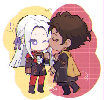 1boy 1girl brown_hair claude_von_riegan earrings edelgard_von_hresvelg fire fire_emblem fire_emblem:_three_houses jewelry kiss kissing_cheek nintendo pomme_(lazzledazzle) purple_eyes single_earring third-party_source white_hair