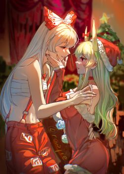 Rule 34 | 2girls, bell, bow, breasts, chest sarashi, chinese commentary, christmas tree, collar, commentary, curtains, detached sleeves, dress, ex-keine, from side, fujiwara no mokou, fur-trimmed dress, fur-trimmed headwear, fur-trimmed sleeves, fur trim, green hair, hair bow, hand on another's back, hand on another's shoulder, hands on another's cheeks, hands on another's face, hat, height difference, highres, horn ornament, horn ribbon, horns, indoors, kamishirasawa keine, long hair, long sleeves, looking at another, medium breasts, multiple girls, navel, neck bell, no shirt, open mouth, pants, pom pom (clothes), qiukui022, red collar, red dress, red eyes, red hat, red nails, red pants, red sleeves, ribbon, sarashi, small breasts, suspenders, touhou, yuri