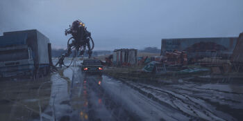 cable car cargo_pallet highres horror_(theme) motor_vehicle mud no_humans non-humanoid_robot outdoors rain road robot science_fiction shipping_container simon_stalenhag sky things_from_the_flood truck water