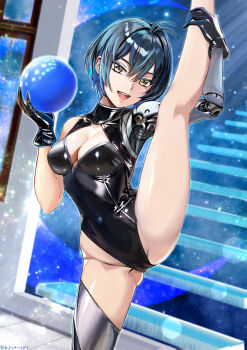 1girl :d ahoge akiishiguma aqua_hair ball black_gloves black_leotard breasts covered_navel gloves highres holding holding_ball joints latex latex_gloves latex_leotard leotard looking_at_viewer medium_breasts open_mouth original prosthesis prosthetic_arm prosthetic_leg robot_joints shiny_clothes short_hair skin_tight smile solo split stairs standing standing_on_one_leg standing_split teeth tsurime upper_teeth_only very_short_hair yellow_eyes