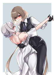 Rule 34 | 2girls, absurdres, black gloves, black necktie, black pants, black vest, blush, braid, breasts, brown hair, collared shirt, commentary, commentary request, commission, cowboy shot, dancing, dogs (dlrkdejr26), dress, english commentary, french braid, girls&#039; frontline, gloves, grey background, highres, inset border, kord (girls&#039; frontline), korean commentary, long hair, looking at another, mixed-language commentary, multiple girls, necktie, original, pants, parted lips, red eyes, shirt, short hair, simple background, smile, two-tone background, vest, white dress, white hair, white shirt
