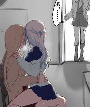 Rule 34 | 3girls, 87lxxe 52, absurdres, blue cardigan, blue shirt, blue skirt, blue streaks, brown cardigan, brown hair, cardigan, caught, commentary, furen e lustario, hand on another's shoulder, hand on another's waist, highres, lize helesta, long hair, multiple girls, nijisanji, pleated skirt, school uniform, serafuku, shirt, sitting, sitting on lap, sitting on person, skirt, speech bubble, sweat, translated, virtual youtuber, walk-in, white hair, yuri