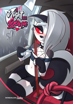 absurdres black_choker black_fur black_gloves black_shorts blue_skirt blush car choker collar cover cover_page demon detached_sleeves english_text furry furry_female gloves grey_fur heart hellaverse helluva_boss highres jizoku loona_(helluva_boss) moon motor_vehicle moxxie_(helluva_boss) patreon_username rain red_eyes seatbelt shorts skirt spiked_collar spikes steering_wheel tail water_drop white_eyes white_fur