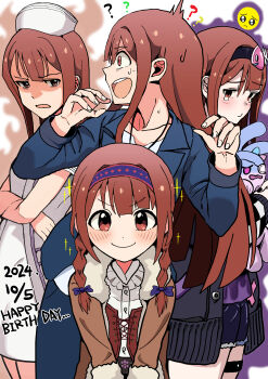 4girls ? absurdres aged_down birthday black_cardigan black_hairband blue_jacket blush braid brown_coat brown_eyes brown_hair butsuzou_(snur2022) cardigan closed_mouth coat dated emoji fish_skeleton_hair_ornament fur-trimmed_coat fur_trim hairband hands_up happy_birthday hat highres holding holding_stuffed_toy idolmaster idolmaster_million_live! idolmaster_million_live!_theater_days jacket long_hair long_sleeves looking_at_viewer multiple_girls multiple_persona nurse nurse_cap official_alternate_costume open_mouth partially_shaded_face pleading_face_emoji smile sparkle stuffed_gag stuffed_toy surprised sweatdrop tanaka_kotoha tears twin_braids