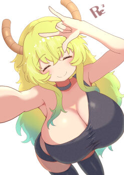 Rule 34 | 1girl, ^ ^, black tank top, black thighhighs, blonde hair, blush, breasts, choker, cleavage, closed eyes, closed mouth, dragon girl, dragon horns, facing viewer, from above, gradient hair, green hair, highres, horns, huge breasts, kobayashi-san chi no maidragon, long hair, lucoa (maidragon), micro shorts, multicolored hair, reiwa rerere, shorts, simple background, smile, solo, tank top, thighhighs, white background