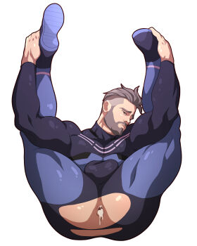1boy absurdres anus ass bara beard bodysuit brown_eyes bulge commentary cum cum_in_ass dkmate english_commentary facial_hair full_beard highres legs_up male_focus mature_male muscular muscular_male nintendo parted_lips pokemon pokemon_sv professor_turo short_hair simple_background solo torn_bodysuit torn_clothes undercut white_background