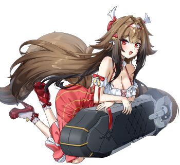 1girl absurdres animal_ear_fluff animal_ears arched_back armband bare_shoulders bracelet breasts brown_hair brown_tail cleavage collar commentary cross-laced_clothes cross-laced_top droopy_ears english_commentary frilled_armband frilled_collar frilled_shirt frills from_side full_body hairband high-waist_skirt highres jewelry large_breasts leaning_on_object long_hair long_skirt looking_at_viewer multicolored_hairband official_alternate_costume open_mouth red_background red_eyes red_shoes red_skirt sheath shirt shoes simple_background skirt socks solo tail very_long_hair white_armband white_background white_hairband white_shirt white_socks ye_shunguang ye_shunguang_(touch_of_dawnlight) zancrowkami zenless_zone_zero