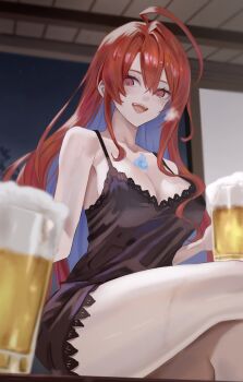 1girl :d absurdres ahoge alcohol asymmetrical_sidelocks bare_arms beer beer_mug black_nightgown blue_fire blue_hair blurry blurry_background breasts cleavage colored_inner_hair commentary crossed_bangs cup dhbwinner elizabeth_rose_bloodflame english_commentary fire fire_on_chest highres holding holding_cup hololive hololive_english huge_ahoge indoors large_breasts long_hair mug multicolored_hair night nightgown open_mouth red_eyes red_hair sidelocks single_hair_intake sitting smile solo teeth upper_teeth_only very_long_hair virtual_youtuber