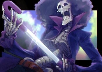 1boy afro black_hair brook_(one_piece) cane cloud commentary glint high_collar highres holding holding_cane holding_sword holding_weapon jacket male_focus one_piece open_clothes open_jacket purple_shirt sheath shirt skeleton solo sword tomatop unsheathing weapon