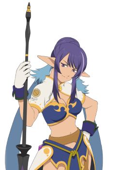 Rule 34 | 1girl, artist request, blue hair, breasts, cleavage, closed mouth, cowboy shot, game cg, gloves, holding, holding polearm, holding weapon, judith (tales), lance, large breasts, long hair, looking at viewer, midriff, multicolored hair, navel, official art, pointy ears, polearm, purple eyes, purple hair, smile, solo, tales of (series), tales of asteria, tales of vesperia, third-party source, transparent background, twintails, two-tone hair, very long hair, weapon, white gloves