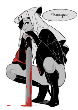1boy animal_ear_headwear black_hair blood bloody_weapon cross cross_necklace english_text fake_animal_ears fucafucamold full_body high_heels holding_baton_(weapon) jewelry male_focus necklace nun original short_hair simple_background smile solo thank_you weapon white_background