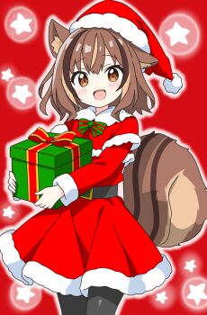 1girl :d animal_ear_fluff animal_ears black_pantyhose blush bow bowtie box brown_eyes brown_hair christmas commentary_request cowboy_shot dot_nose dress fur-trimmed_dress fur-trimmed_headwear fur-trimmed_sleeves fur_trim gift gift_box green_bow green_bowtie hat highres holding holding_gift kotatsu-mazoku long_sleeves looking_at_viewer open_mouth original outline pantyhose red_dress red_hat santa_costume santa_dress santa_hat short_hair smile solo squirrel_ears squirrel_girl squirrel_tail striped_bow striped_bowtie striped_clothes tail white_outline