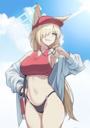 Rule 34 | 1girl, alternate costume, animal ear fluff, animal ears, baseball cap, bikini, black bikini bottom, blonde hair, blue archive, blue eyes, blue halo, blue sky, breasts, cloud, cloudy sky, cowboy shot, day, dog ears, hair over one eye, halo, hat, highleg, highleg bikini, highres, holding, holding whistle, kanna (blue archive), large breasts, lifeguard, long hair, looking at viewer, navel, notched ear, open mouth, outdoors, projectorzero, red sports bra, sharp teeth, sidelocks, sky, solo, sports bra, standing, stomach, swimsuit, teeth, whistle