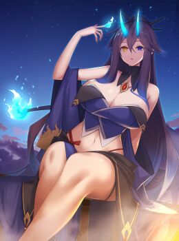 1girl bare_shoulders black_collar black_hair blue_eyes blue_fire blue_horns breasts cleavage collar commentary commentary_request commission crossed_legs detached_collar detached_sleeves dot_nose expressionless feet_out_of_frame finger-tip_fire fire gem hair_between_eyes hakoniwa_tsuka hand_up heterochromia highres hitodama horns jewelry large_breasts long_hair looking_at_viewer navel necklace night oni original parted_lips red_gem revealing_clothes sitting skeb_commission sky solo star_(sky) starry_sky thighs wide_sleeves yellow_eyes