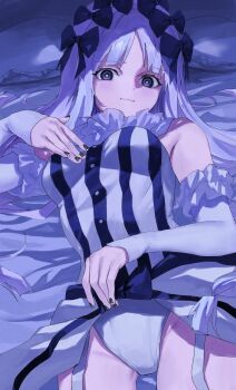 1girl absurdres bare_shoulders black_bow black_eyes bow breasts collar commentary_request detached_sleeves dress fate/strange_fake fate_(series) francesca_prelati_(fate) frilled_collar frills garter_straps hair_bow highres long_hair looking_at_viewer nekoshima_kaede ringed_eyes smile solo striped_clothes striped_dress white_hair