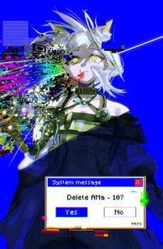 1girl absurdres animal_ear_fluff animal_ears arknights artist_name blood blood_from_mouth blue_screen_of_death cat_ears censored commentary_request dress english_text green_dress green_eyes gunshot_wound highres kal&#039;tsit_(arknights) looking_at_viewer qr_code rainbow_blood sakiyo short_hair sleeveless sleeveless_dress solo surprised white_hair wide-eyed window_(computing)