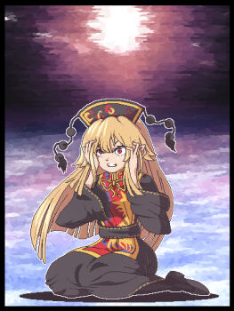 Rule 34 | 1girl, aksawshin, black border, black dress, black leggings, black shirt, blonde hair, border, clenched teeth, commentary, crying, crying with eyes open, dalachi (headdress), dress, full body, hands on own face, junko (touhou), kneeling, leggings, long hair, long sleeves, pixel art, red eyes, shirt, solo, tabard, tears, teeth, touhou, untranslatable commentary