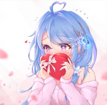 1girl ahoge alternate_costume azur_lane blue_hair blush box gift heart heart-shaped_box helena_(azur_lane) highres holding holding_gift kyl490 pink_sweater purple_eyes solo sweater upper_body valentine