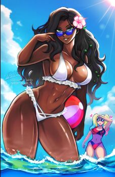abs alternate_skin_color beach bikini black_hair curvy dark-skinned_female dark_skin green_eyes harley_quinn highres iahfy long_hair looking_at_viewer midriff navel outdoors poison_ivy ricky952089 smile swimsuit thick_thighs thighs third-party_edit wide_hips