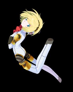 1girl aigis_(persona) android black_background blonde_hair blue_eyes bow closed_mouth frown full_body hairband hand_on_own_chest highres joints leaning_back looking_at_viewer persona persona_3 red_bow robot_joints short_hair simple_background solo standing standing_on_one_leg yomyompi