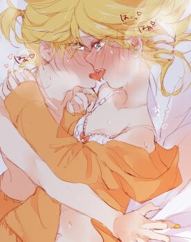 1boy 1girl bed_sheet blonde_hair blue_eyes blush bra breasts cleavage collarbone crying crying_with_eyes_open eye_contact face-to-face french_kiss full-face_blush hand_in_another&#039;s_hair hand_on_another&#039;s_head hand_on_another&#039;s_shoulder head_grab hetero highres incest kagamine_len kagamine_rin kiss looking_at_another lying messy_hair midriff mimi_mine on_back on_bed open_clothes open_pajamas open_shirt orange_pajamas orange_pants pajamas pants pillow sheet_grab small_breasts sweat tears underwear vocaloid yellow_nails
