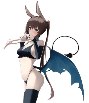 1girl absurdres amiya_(arknights) animal_ear_fluff animal_ears arknights bare_shoulders bikini black_bikini black_sleeves black_thighhighs blue_eyes blue_wings blush breasts brown_hair cleavage closed_mouth commentary_request demon_girl demon_tail demon_wings detached_sleeves hachimin8_(shrine_kyo) hands_up highres jewelry long_hair long_sleeves medium_breasts navel ponytail rabbit_ears ring simple_background solo swimsuit tail thighhighs very_long_hair white_background wings
