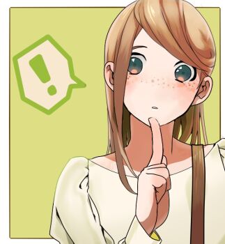 ! 1girl border brown_hair commentary freckles green_background grey_eyes index_finger_raised long_hair long_sleeves no_nose original outside_border parted_lips shirt shoulder_strap simple_background single_sidelock solo spoken_exclamation_mark swept_bangs symbol-only_commentary tukasac upper_body white_border white_shirt