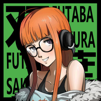 1girl ahoge bare_shoulders behind-the-head_headphones black_border black_tank_top blunt_bangs border character_name collarbone fur-trimmed_jacket fur_trim glasses green_background grin headphones highres hwsushi233 jacket long_hair looking_at_viewer off_shoulder orange_hair persona persona_5 purple_eyes sakura_futaba sidelocks smile solo sony straight_hair tank_top teeth