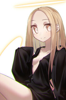 1girl angel_notes angel_wings black_shirt blonde_hair blush breasts forehead halo highres long_hair long_sleeves looking_at_viewer parted_bangs shirt small_breasts smile solo thighs v/v wings yellow_eyes yubeshi_(zecxl)