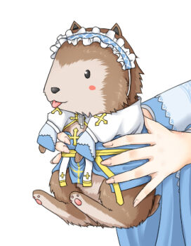 1girl animal animal_focus arch_bishop_(ragnarok_online) blue_dress blush_stickers clothed_animal commentary_request cross desert_wolf_(ragnarok_online) dress fingernails haty holding holding_animal lowres ragnarok_online sash simple_background tongue tongue_out white_background wolf_cub yellow_sash