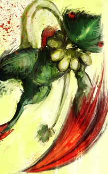absurdres blood blood_splatter breloom creature creature_focus foot_out_of_frame gen_3_pokemon highres kyezzzz looking_at_viewer nintendo painting_(medium) pokemon pokemon_(creature) pokemon_focus pokemon_rse punching solo traditional_media