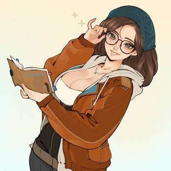 1girl absurdres adjusting_eyewear alma_(monster_hunter_wilds) aqua_bandana artist_name bandana black-framed_eyewear black_pantyhose black_shorts breasts brown_eyes brown_hair cleavage collarbone commentary english_commentary grin highres holding holding_notebook hood hood_down hooded_jacket jacket jewelry large_breasts lips long_hair long_sleeves mole mole_under_eye monster_hunter_(series) monster_hunter_wilds necklace notebook open_clothes open_jacket orange_jacket pantyhose pink_lips pocket shirt shorts simple_background smile solo white_background white_shirt yiiande