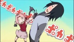 1boy 1girl angry animated audible_music black_hair blush boruto:_naruto_next_generations couple gloves graident_background hair_over_one_eye haruno_sakura headband meme multicolored_shirt naruto_(series) naruto_shippuuden parody pink_hair poka_poka_(meme) punching red_top seitokai_yakuindomo sharp_teeth shirt short_hair shorts shorts_under_skirt sleeveless sleeveless_shirt smile sound tagme teeth time_paradox uchiha_sasuke video
