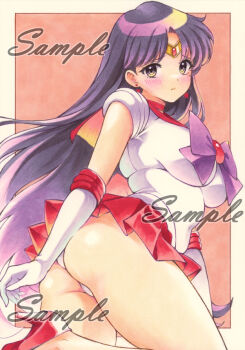 Rule 34 | 1girl, ass, bishoujo senshi sailor moon, blush, breasts, elbow gloves, gloves, hino rei, long hair, looking at viewer, magical girl, medium breasts, miyakooo0420, panties, purple hair, red skirt, sailor mars, sample watermark, skirt, solo, traditional media, underwear, watermark, white gloves, white panties, yellow eyes