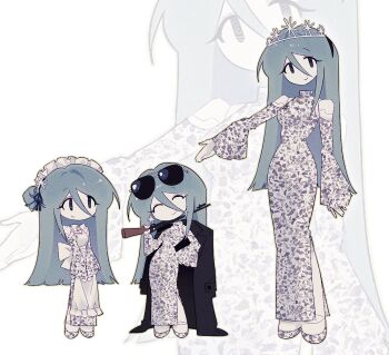 1girl air_zizon android apron aviator_sunglasses black_coat blue_hair closed_mouth coat coat_on_shoulders dress eunoia_(frozen_soul) eyewear_on_head floating_head frozen_soul gun hair_bun highres holding holding_gun holding_weapon japanese_clothes joints kimono long_hair looking_at_viewer maid maid_apron maid_headdress multiple_views ringed_eyes roblox robot_joints single_side_bun smile sunglasses tiara wa_maid weapon white_dress white_kimono