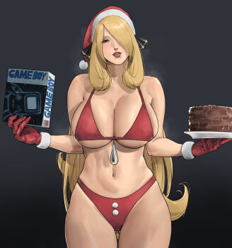 1girl absurdres bikini blonde_hair breasts cake chocolate_cake christmas collarbone commentary_request covered_erect_nipples cowboy_shot curvy cynthia_(pokemon) food game_boy gloves gluteal_fold grey_eyes hair_over_one_eye handheld_game_console hat highres holding holding_food holding_plate huge_breasts long_hair looking_at_viewer micro_bikini nintendo parted_lips plate pokemon pokemon_dppt red_bikini red_gloves red_lips santa_hat solo swimsuit very_long_hair wasabishouyu wide_hips