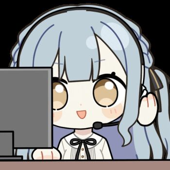 1girl :d animated animated_gif bang_dream! bang_dream!_it&#039;s_mygo!!!!! black_ribbon blue_hair blush_stickers chibi chibi_only chunye_haruya collared_shirt dot_nose hair_ribbon hand_on_headphones headphones headset long_hair looking_at_viewer lowres monitor neck_ribbon open_mouth ribbon shirt sidelocks simple_background smile solo table togawa_sakiko transparent_background two_side_up upper_body white_shirt yellow_eyes