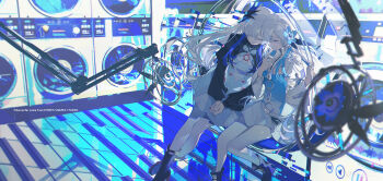 Rule 34 | 2girls, absurdres, blue dress, blue eyes, blue flower, blue hair, boots, closed eyes, commentary request, dress, dual persona, english text, flower, gradient clothes, gradient dress, hair flower, hair ornament, hair over one eye, high heel boots, high heels, highres, isekaijoucho, juliet sleeves, kamitsubaki studio, long hair, long sleeves, multicolored hair, multiple girls, o-ring, own hands together, pantyhose, puffy sleeves, shrug (clothing), sitting, smile, two-tone hair, virtual youtuber, watermark, weibo watermark, white dress, white hair, white pantyhose, z3zz4