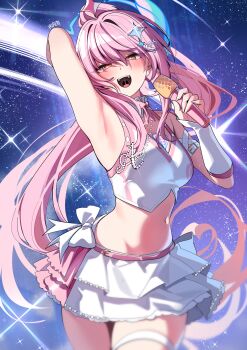 1girl absurdres aemeath_(wuthering_waves) arm_up armpits artist_name breasts commentary_request cowboy_shot crop_top hair_ornament highres holding holding_microphone korean_commentary long_hair looking_at_viewer medium_breasts microphone navel official_alternate_costume open_mouth orange_eyes pink_hair ponytail rirua_(kjom802) shirt skirt smile solo star-shaped_pupils star_(symbol) stomach symbol-shaped_pupils white_shirt white_skirt wuthering_waves