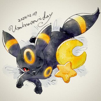 Rule 34 | animal focus, black fur, closed mouth, commentary, crescent, dated, facial mark, forehead mark, full body, gen 2 pokemon, highres, looking at viewer, lying, miketoevecan, nintendo, no humans, on stomach, one eye closed, pokemon, pokemon (creature), pokemon focus, red eyes, simple background, solo, star-shaped pillow, symbol-only commentary, umbreon, white background, yellow fur