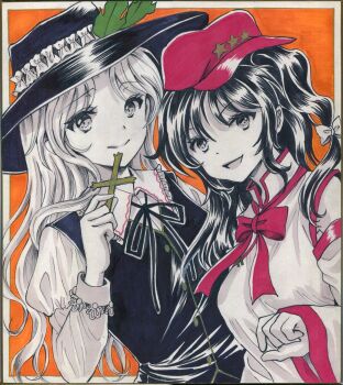 2girls black_hair black_hat black_ribbon black_skirt black_vest closed_mouth collared_shirt commentary_request cross dolls_in_pseudo_paradise frilled_hat frills hajike_akira hat hat_feather hat_ornament highres holding holding_cross jacket_girl_(dipp) label_girl_(dipp) limited_palette long_hair long_sleeves looking_at_viewer multiple_girls neck_ribbon newsboy_cap open_mouth orange_background red_hat red_ribbon ribbon shirt side_ponytail simple_background skirt sleeveless sleeveless_shirt star_(symbol) star_hat_ornament touhou traditional_media vest white_shirt white_sleeves wide_sleeves