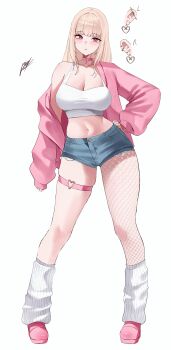 1girl absurdres bare_shoulders blonde_hair blue_shorts breasts choker cleavage commentary crop_top cutoffs denim denim_shorts earrings full_body hand_on_own_hip heart heart_earrings heart_o-ring highres jacket jewelry large_breasts long_hair long_sleeves looking_at_viewer loose_socks midriff navel o-ring open_clothes open_jacket original parted_lips pink_choker pink_eyes pink_jacket pink_shoes pynkmouth shirt shoes short_shorts shorts simple_background single_fishnet_legwear sleeveless sleeveless_shirt socks solo stomach thigh_strap thighs white_background white_shirt white_socks