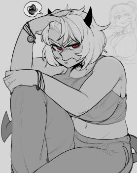 2girls baphomet_(grizz) black_horns black_tail bracelet breasts commentary demon_girl demon_horns demon_tail english_commentary frown goat_horns greyscale hand_in_own_hair helltaker highres horns jewelry krekkov large_breasts looking_at_viewer malina_(helltaker) midriff monochrome multiple_girls navel red_eyes short_hair sketch spot_color tail tank_top vest white_hair