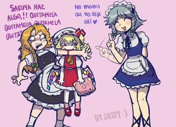 3girls ^_^ biting biting_another's_arm blonde_hair blood braid closed_eyes closed_mouth commentary_request fangs flandre_scarlet grey_hair hat highres index_finger_raised izayoi_sakuya kirisame_marisa looking_at_another maid mob_cap multiple_girls pointy_ears purple_background red_skirt sh1tty2 short_hair short_sleeves side_braid side_braids signature simple_background single_braid skirt spanish_commentary spanish_text sweatdrop touhou translation_request twin_braids white_hat yellow_eyes