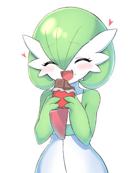 Rule 34 | 1girl, ^ ^, blush, bob cut, candy, chocolate, chocolate bar, closed eyes, collarbone, colored skin, eating, fang, female focus, flat chest, food, food bite, food on face, gardevoir, gen 3 pokemon, green hair, green skin, hair between eyes, hands up, happy, heart, holding, holding food, multicolored skin, nintendo, open mouth, pokemon, pokemon (creature), raised eyebrows, sara (sublender1234), short hair, simple background, skin fang, smile, solo, standing, two-tone skin, upper body, white background, white skin