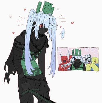 1x1x1x1_(roblox) 2boys 2others alternate_hairstyle black_pants black_skin braid braiding_hair c00lkidd_(roblox) colored_skin cowboy_shot crown forsaken_(roblox) friday_the_13th glint green_crown green_skin hairdressing highres jason_voorhees long_hair looking_at_viewer low_twin_braids multiple_boys multiple_others no_mouth noob_(roblox) pants red_eyes red_skin roblox see-through_body sidelocks twin_braids twintails un_0tk very_long_hair white_hair yellow_skin